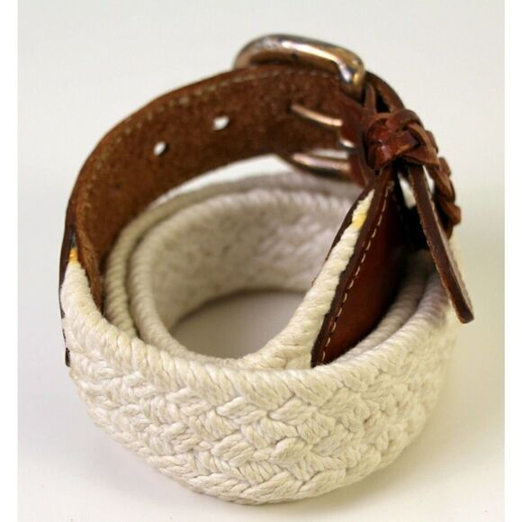Eddie Bauer BROWN REAL LEATHER 1 1/8"Wd WOVEN WHITE CORD WOMEN'S BELT S/M (A47 - Picture 4 of 9